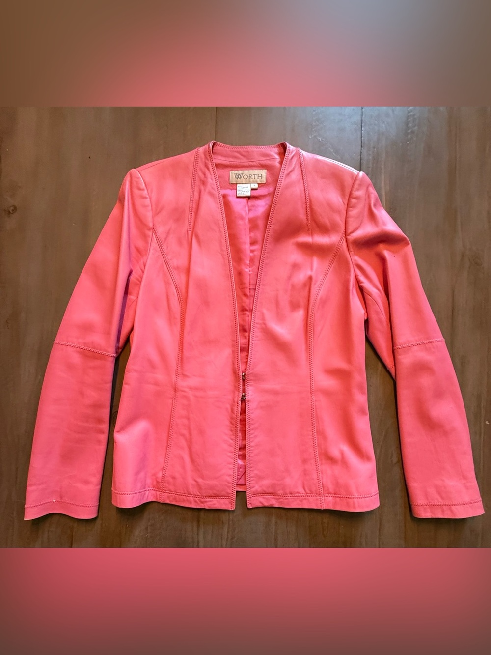 WORTH Genuine Leather Jacket Coral Pink Size 8 Fitted Zip Front Blazer